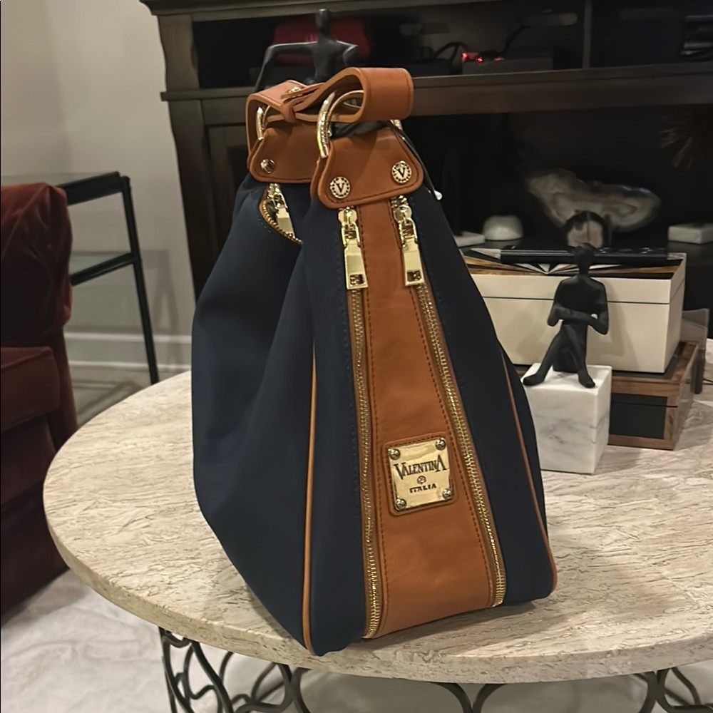 Authentic new Valentino Navy Blue Suede and Brown leather shoulder bag!